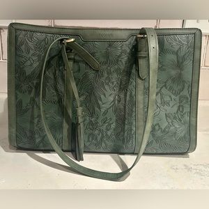 NWOT Ecosusi Embossed Vegan Leather Green Floral Laptop Bag
